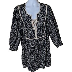 NWT Old Navy LS Mari Boho black tan floral print short dress pockets size XXL